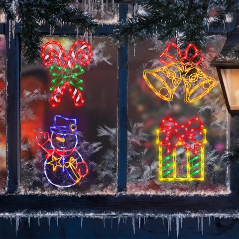 Pytopkto Christmas LED Window Silhouette Lights Set of 4 – Bell, Candy Cane, Snowman & Gift Box – Indoor & Outdoor Decorations