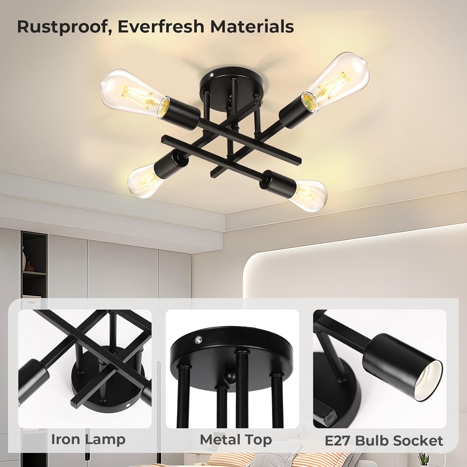 Ceiling light fixture with 'Rustproof, Everfresh Materials' text, showing close-up details of iron lamp, metal top, and E27 bulb socket.