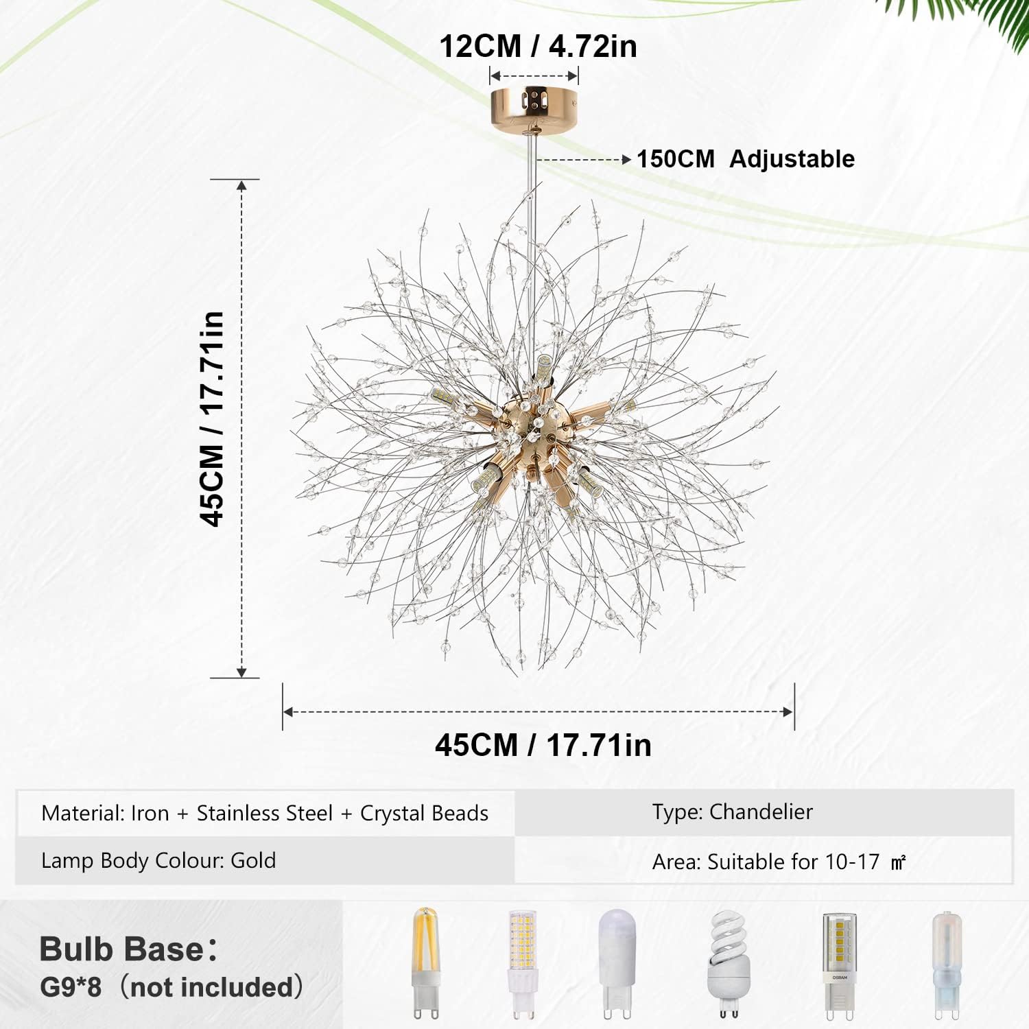 Chandelier with dimensions and specifications on a white background