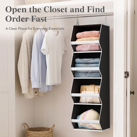 Lifewit 4-Tier Hanging Wardrobe Storage Organiser – Grey Foldable Closet Shelves with Clear PVC Window