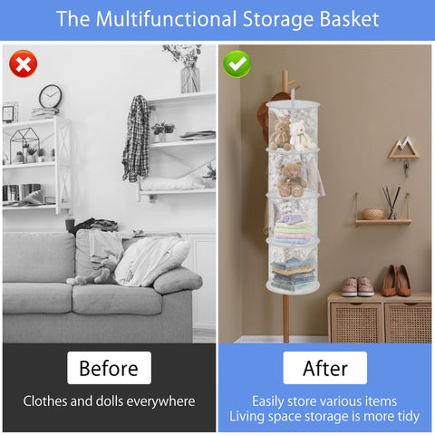 APOMOONS Hanging Mesh Storage Basket, 4-Tier Pink Teddy Toy Organiser – Give Every Cuddly Toy a Cosy Place