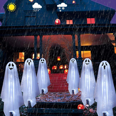 Set of 6 Solar Ghost Stake Lights, Halloween Decorations Outdoor, Scary Spooky Garden Patio Grave Lawn Porch Pathway Lights for Outside Yard Trick or Treat Halloween Party Decor Cool White