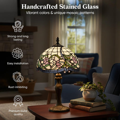 Elegant Floral Tiffany Table Lamp – Handmade Stained Glass Vintage Bedside Lamp with Touch Switch, 8-Inch Shade & 13-Inch Stand for Bedroom, Living Room & Lounge