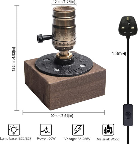 Luxvista E27 Vintage Wooden Table Lamp Base – Industrial Edison Desk Lamp Holder with UK Plug, Rustic Bedside Lamp for Bedroom, Living Room, Dining Room & Café