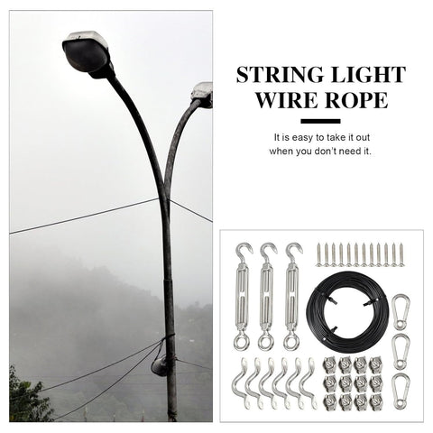 HAKIDZEL 50m Black Stainless Steel String Light Hanging Kit – PVC-Coated Wire Rope with Turnbuckles, Hooks, Straps, Screws & Cable Clamps for Outdoor Festoon Lights