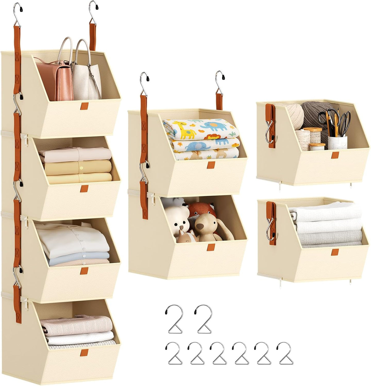 4-Tier Hanging Wardrobe Storage Organiser – Detachable Fabric Storage Bins with 8 Hooks for Clothes, Shoes & Accessories – Make Every Inch of Your Wardrobe Work Harder