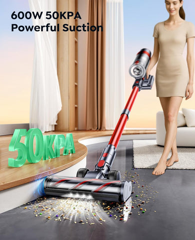 SunSare Cordless Vacuum Cleaner 600W/50KPa Powerful Suction, 65Mins Runtime with Touchscreen AUTO Mode, 1M Hose, Anti-Tangle, Self-Standing & Wall-Mounted Stick Vacuum for Carpet, Floor & Pet Hair