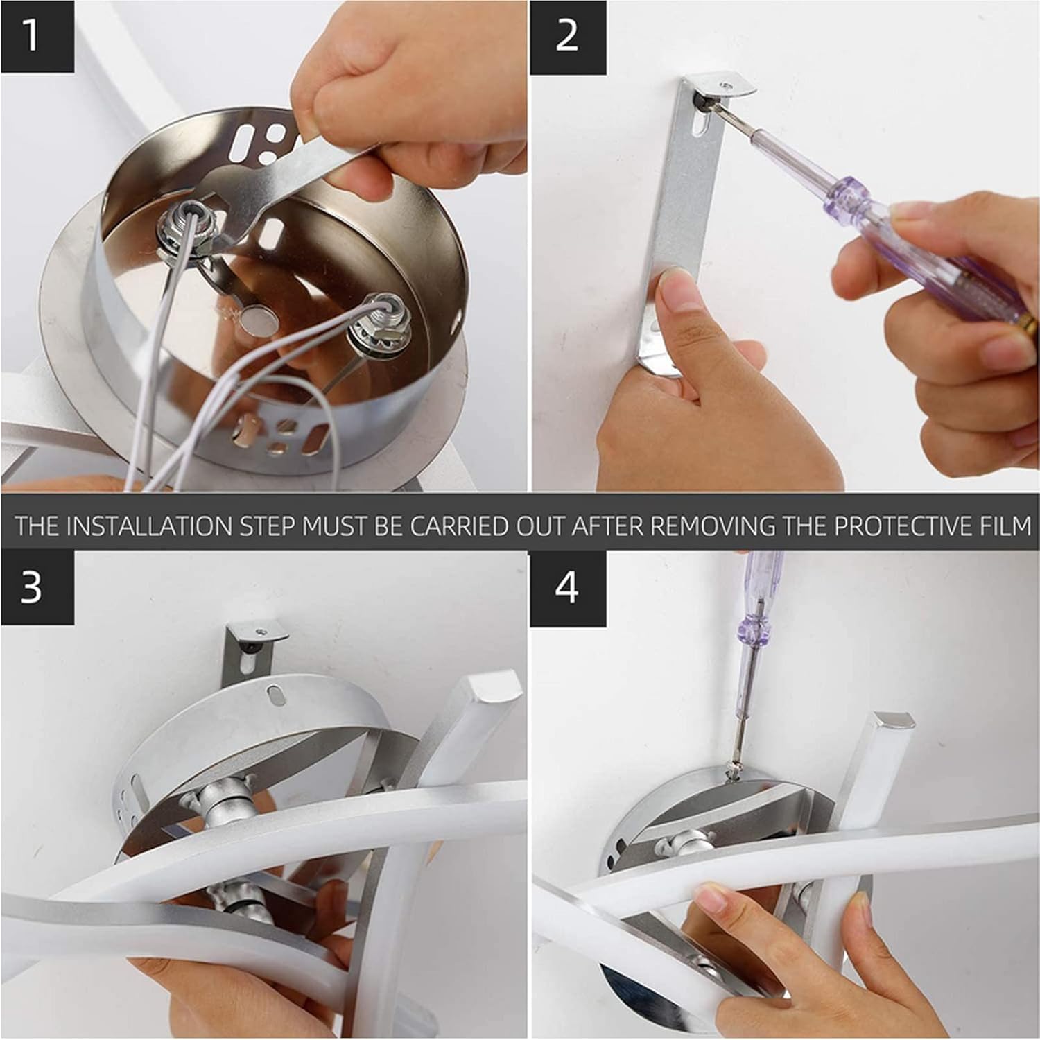 Step-by-step installation process of a ceiling light fixture with hands performing each step.