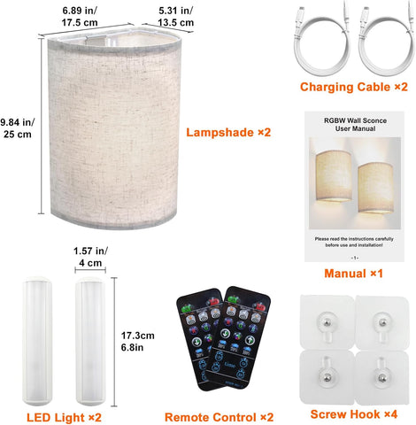 Battery Operated Wall Lights 2 Pack RGB Fabric Sconces