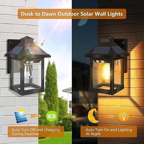 Solar Outdoor Motion Sensor Wall Lantern Lights, Vintage Light with 3 Smart Lighting Modes