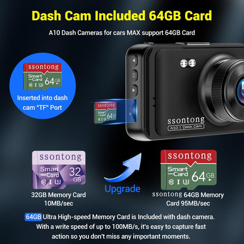 Dash Cam 1080P FHD Car Camera with 64GB Card, Night Vision, 170° Wide Angle