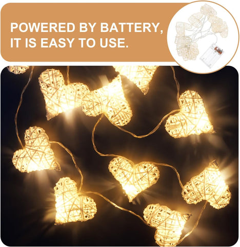 Valentine’s Day Rattan Heart String Lights with 10 Warm LED Love Lamps, Battery Operated Indoor Decor for Bedroom, Wedding & Party