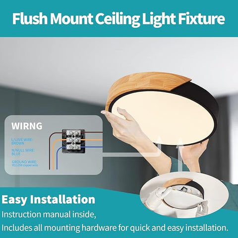 LED Ceiling Light 24W Warm White 3000K Oak Frame 30cm Round Modern Ceiling Light