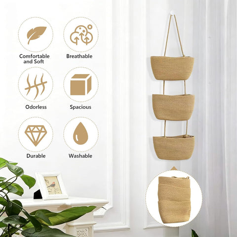 TFLPUO 3-Tier Hanging Storage Baskets, Khaki Cotton Rope Woven Door and Wall Organiser for Bedroom, Bathroom, Kitchen and Nursery