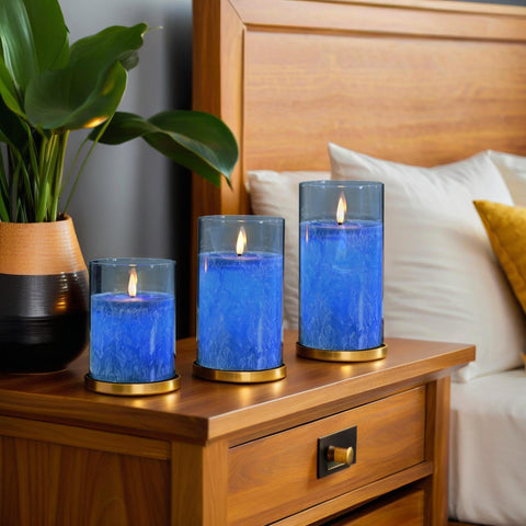 Blue Glass Flameless LED Pillar Candles with Real Wax Center, Flickering Light, Remote Control & Timer