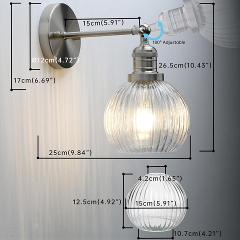 Modern Indoor Vintage Wall Light Sconce with Clear Striped Glass Globe for Farmhouse Living Room Bedroom Bathroom