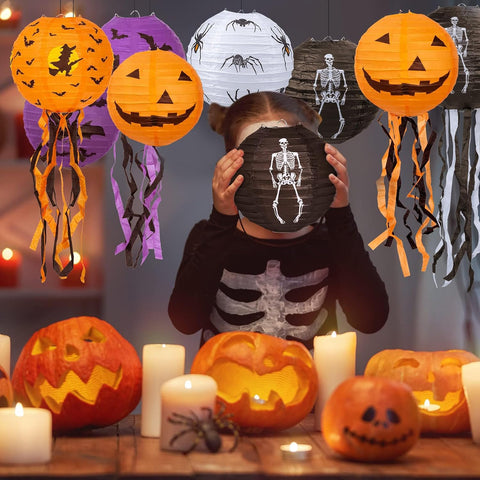 8-Piece Halloween Paper Lanterns with Pumpkin, Bat, Spider, Skeleton & Witch Designs – Foldable Hanging Halloween Decorations for Home, Garden, Parties & Trick-or-Treat Events