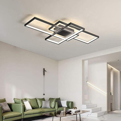 Modern living room with a stylish ceiling light fixture.
