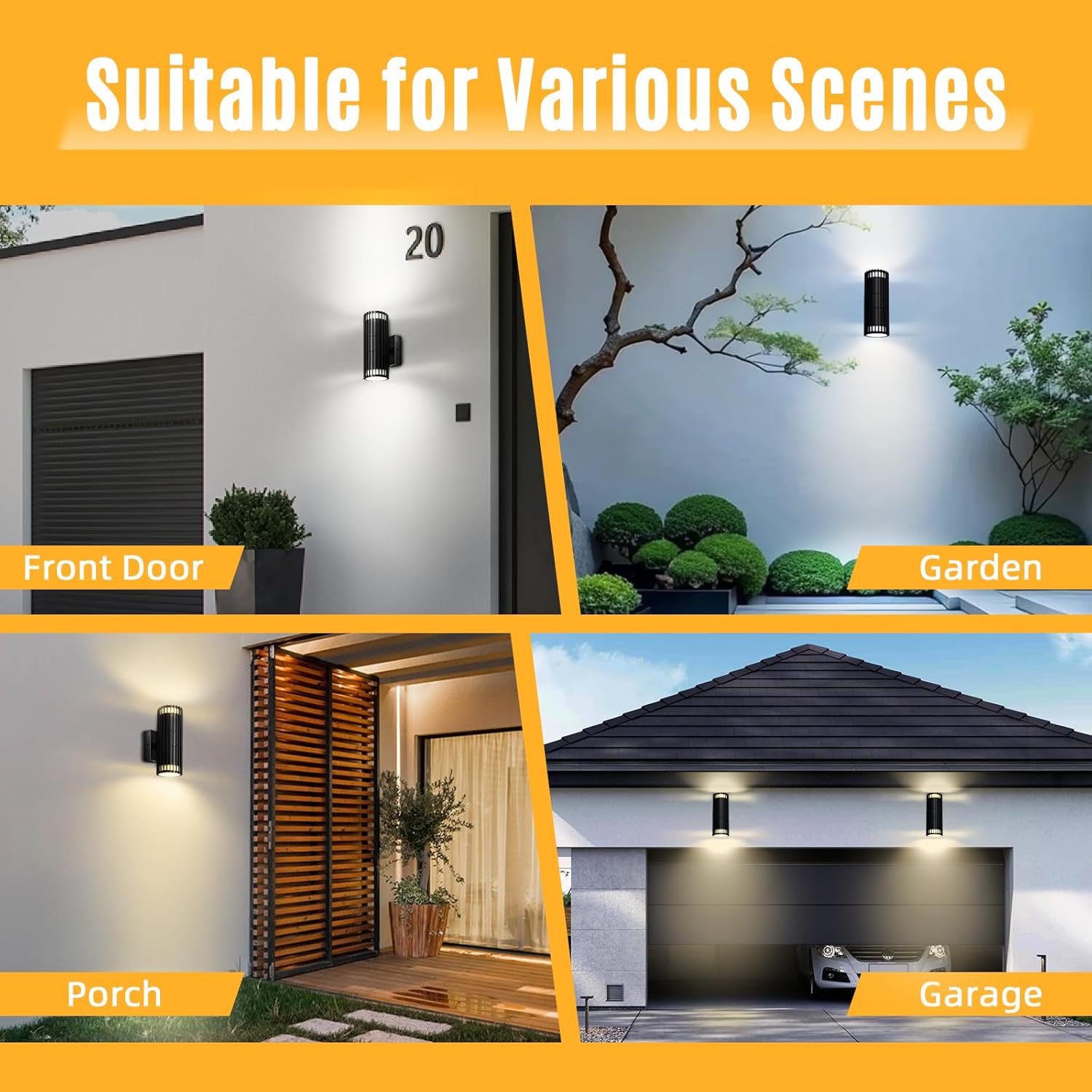 Outdoor lighting fixtures shown in various settings including front door, garden, porch, and garage.