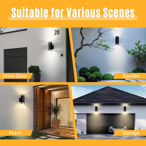 Outdoor lighting fixtures shown in various settings including front door, garden, porch, and garage.