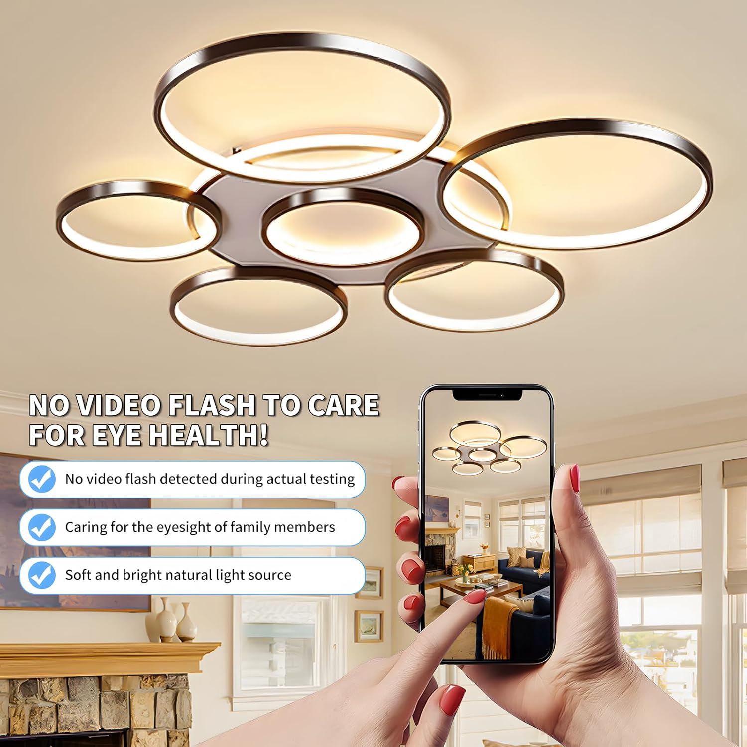 Modern ceiling light fixture with smartphone showing a living room scene, emphasizing eye health benefits.