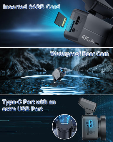 4K+1080P Front & Rear Dash Cam with WiFi and 64GB Card