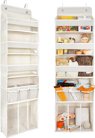 EZVERY Over the Door Baby Nappy Organiser, Beige Hanging Nursery Storage with 3 Bins, Removable Nappy Caddy and 10 Mesh Side Pockets