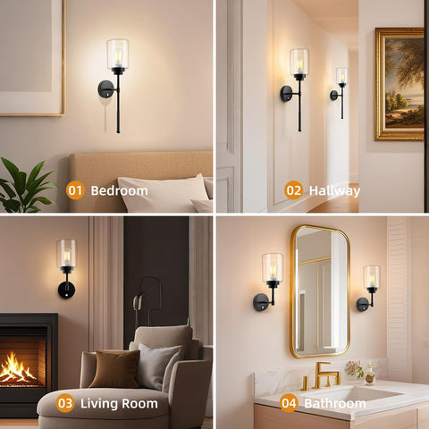Battery Operated Wall Sconces Set of 2 – Wireless Rechargeable LED Lights Black