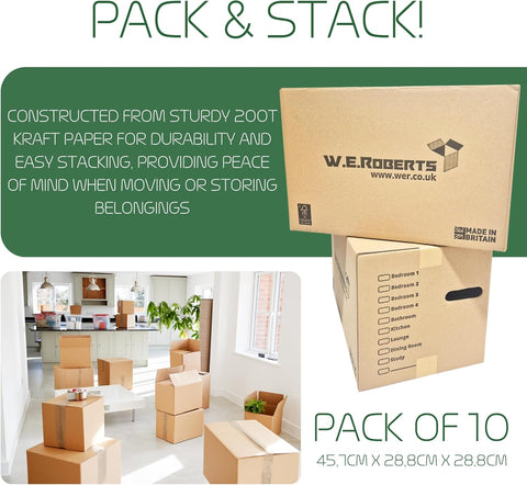 10 Strong Large Cardboard Storage Packing Moving House Boxes with Carry Handles and Room List – Ideal for Storage, Moving, and Packing 18" x 11" x 11" internal. Made in the UK