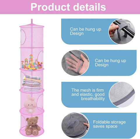 Hanging Mesh Storage Basket, 2 Pack, 5-Tier Foldable Toy Organiser in Pink – Make Room for More Play