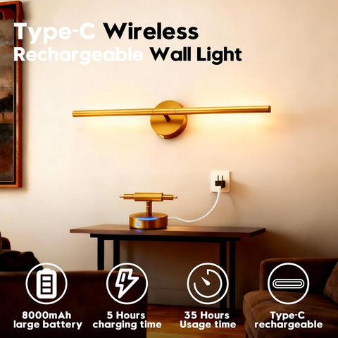 Battery Operated Wall Sconces, 2 Pack 8000mAh Rechargeable Wall Lights, 3000K-6000K Dimmable Wireless Wall Light with Remote Control, 70CM Gold Wall Lamp for Living Room Bedroom Hallway