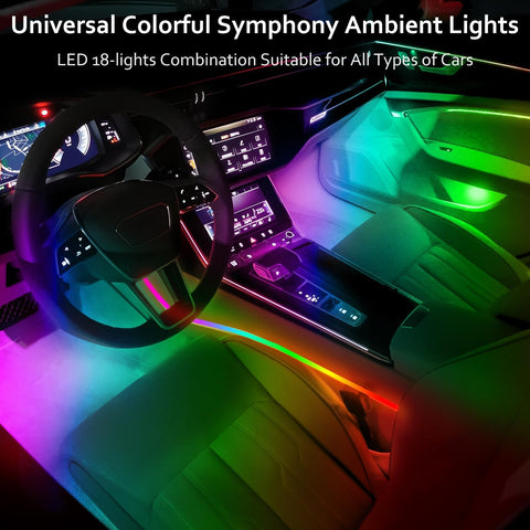 Acrylic RGB Car Interior LED Light Kit with APP Control, 18-in-1 Dreamcolor Ambient Lighting, Dual Zone Music Sync, Fiber Optic Strips