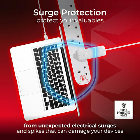 Masterplug 6-Way Surge Protected Extension Lead, 2m White Cable, 13A Unswitched Power Strip with LED Indicators – Keep Your Everyday Essentials Connected and Better Protected
