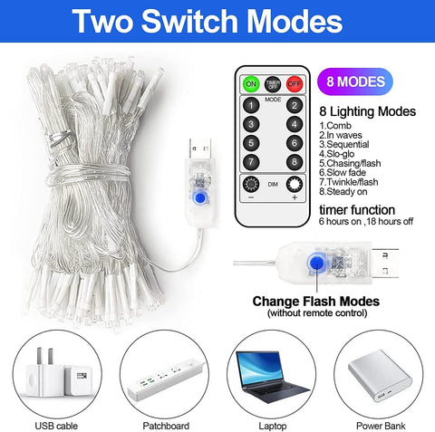 Multicoloured 200LED Curtain Fairy Lights 2Mx2M USB Remote Timer