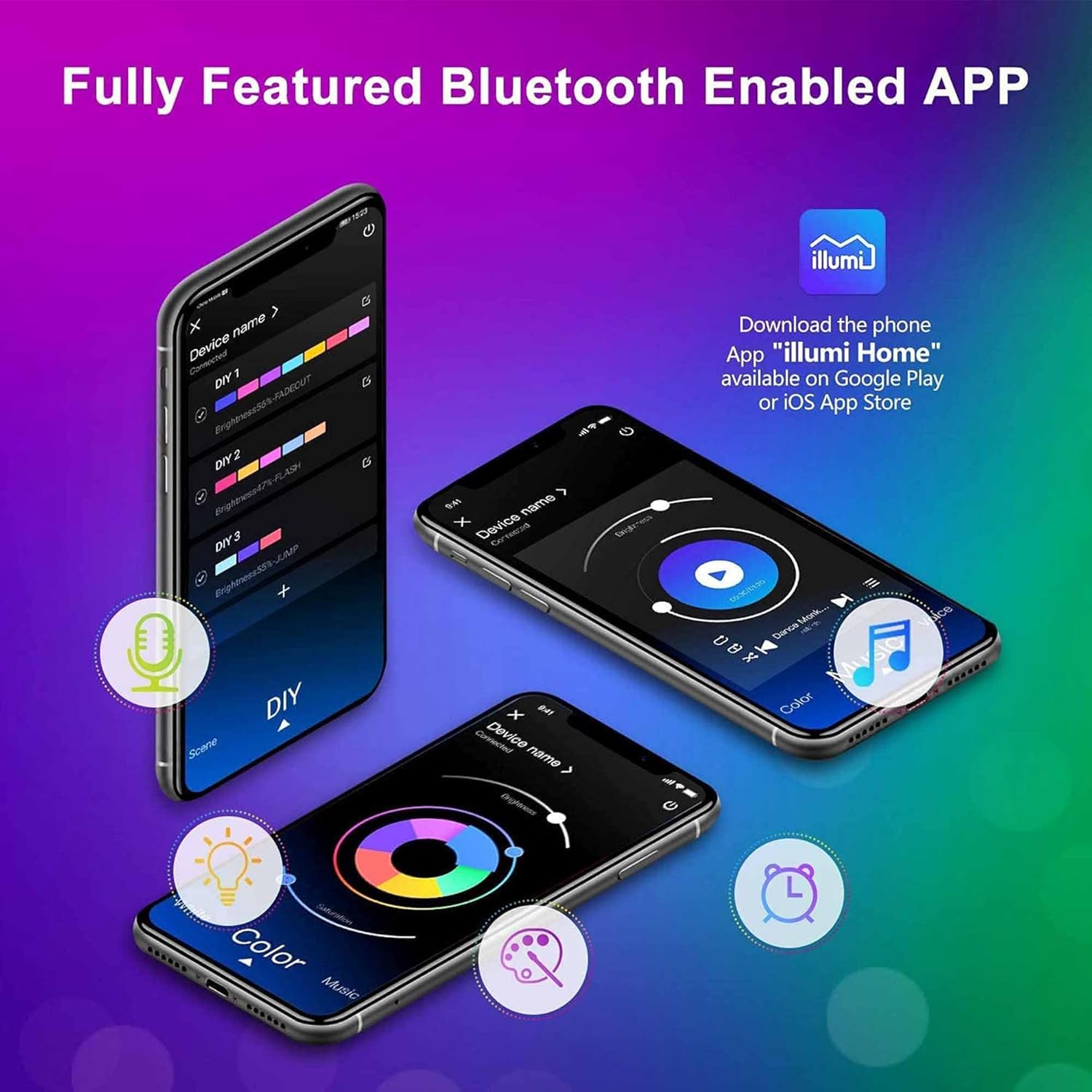Three smartphones displaying an app interface with icons for DIY, music, and other functions on a gradient purple and blue background.