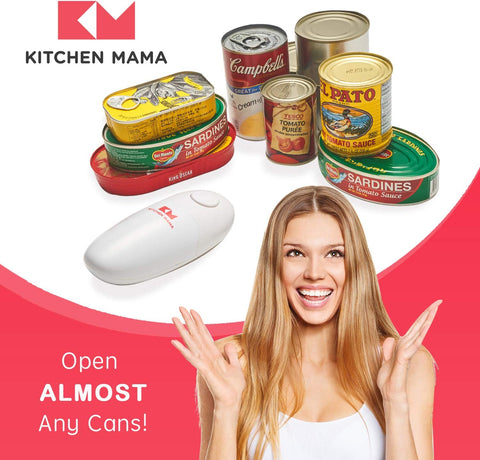 Kitchen Mama Auto Electric Can Opener – Hands-Free One-Touch Operation, Smooth Edge, Food-Safe, Battery Powered – White