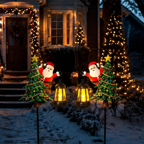 Christmas Stake Lights Solar Tree Santa Lantern Walkway Lighting