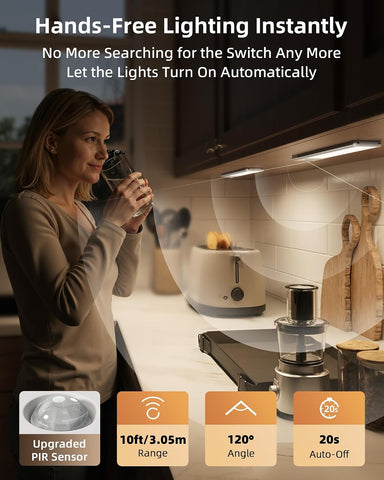 EZVALO Under Cabinet Kitchen Lights, Motion Sensor Lights Indoor 2-Pack – Rechargeable USB-C LED Cabinet Lighting with 3 Colour Temperatures & 5 Brightness Levels - Let the Light Come On When You Need It