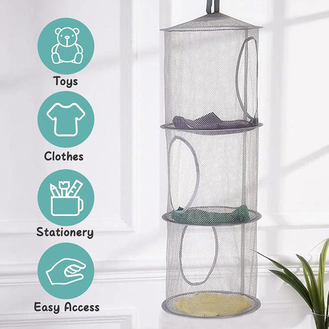 NCOALE 2-Pack 3-Tier Hanging Toy Storage Nets, Grey – Foldable Mesh Teddy Hammocks for Soft Toys, Clothes & Everyday Essentials