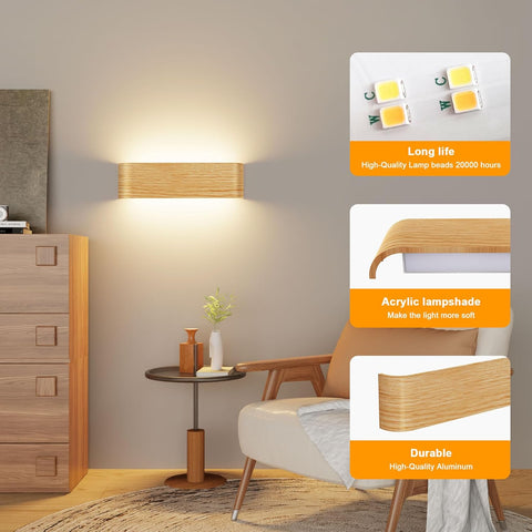 Indoor Led Wall Lights - 2 Pack 3000K/4500K/6000K Adjustable Color Temperature Wall Lights for Bedroom Living Room Kitchen Dining Room (2 Pack, Wood Grain)