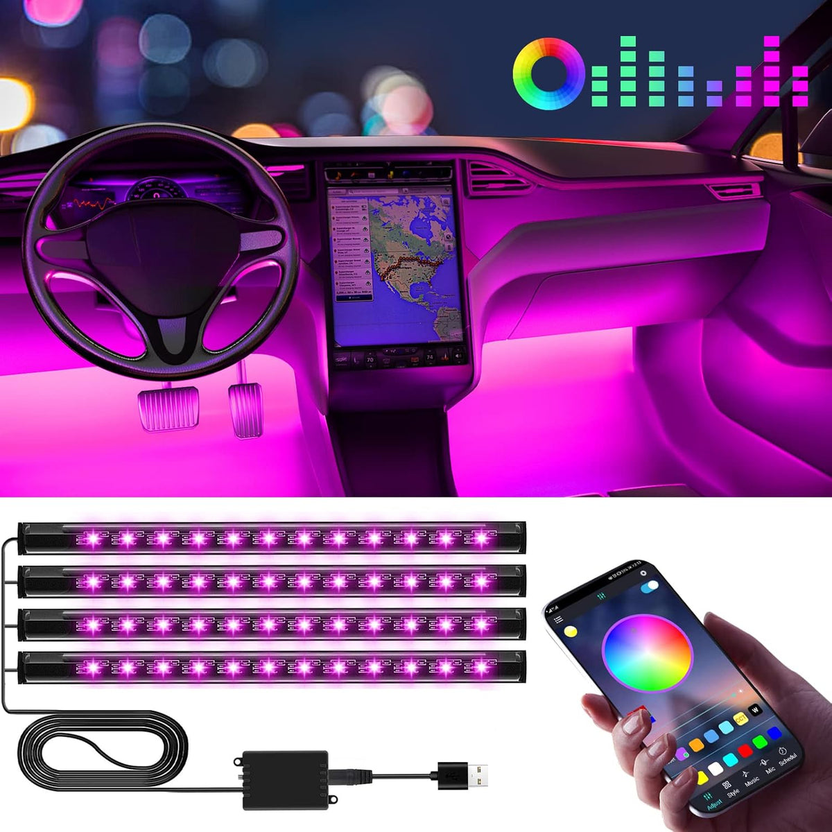 USB Car Interior LED Lights – APP Control Multi-Colour Ambient Strip Lighting Kit with Music Sync for Universal Vehicles, Gift for Men & Women