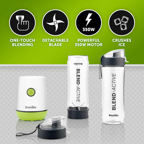 Active Personal Blender & Smoothie Maker – 350W Motor with 2 Portable 600ml Bottles & Leak-Proof Lids – White & Green