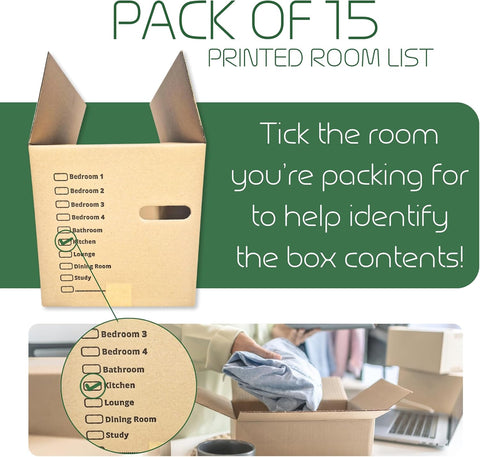 W.E. Roberts Strong Large Cardboard Moving House Boxes 45.7cm x 30.5cm x 25.4cm with Carry Handles and Room List Manufactured in the UK from FSC acredited materials. (15)