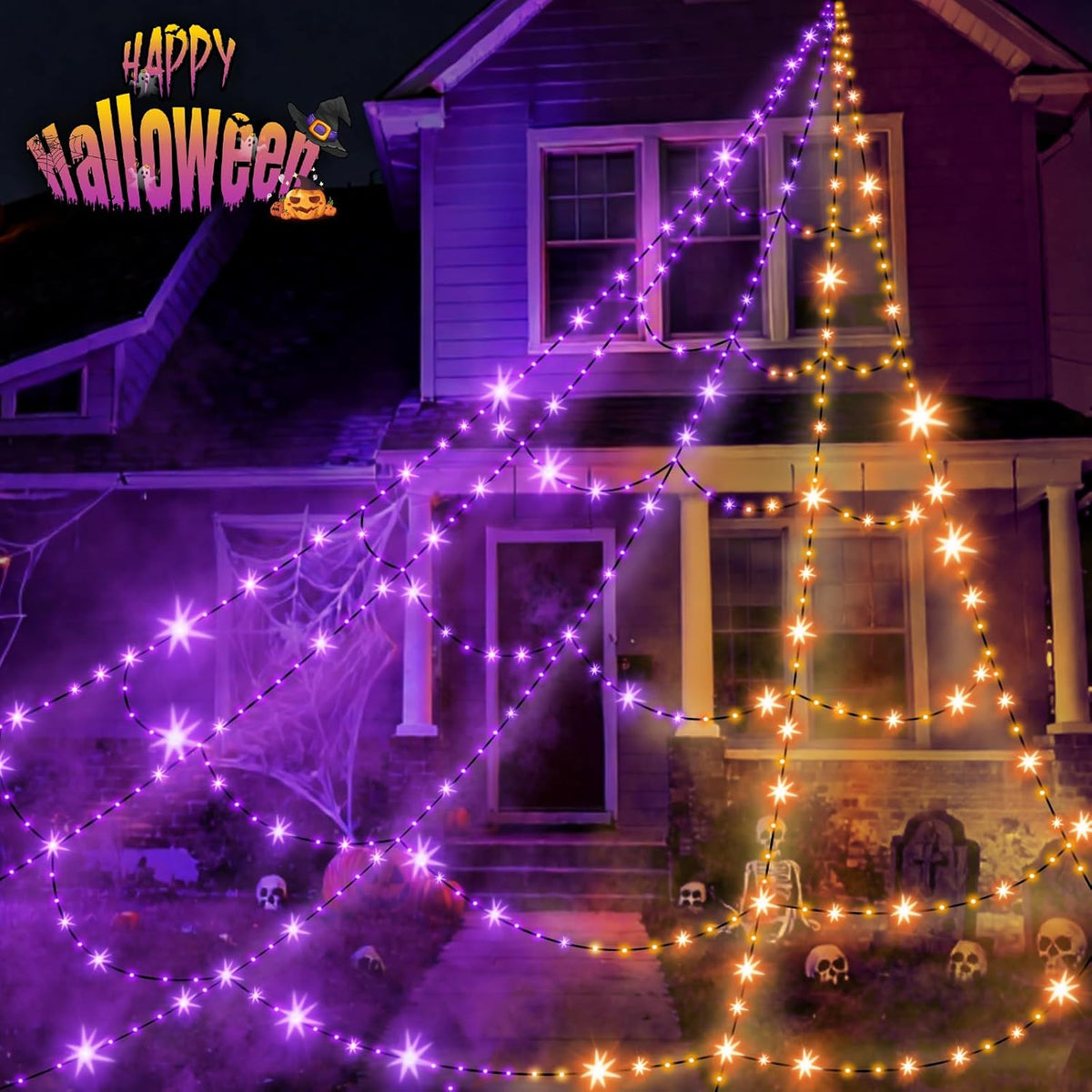 Halloween Spider Web Lights Outdoor 16.4 x 14.44ft Giant Cobweb with 550 Purple & Orange LEDs, 11 Lighting Modes, Remote Control & Timer for Gardens, Yards & Halloween Displays