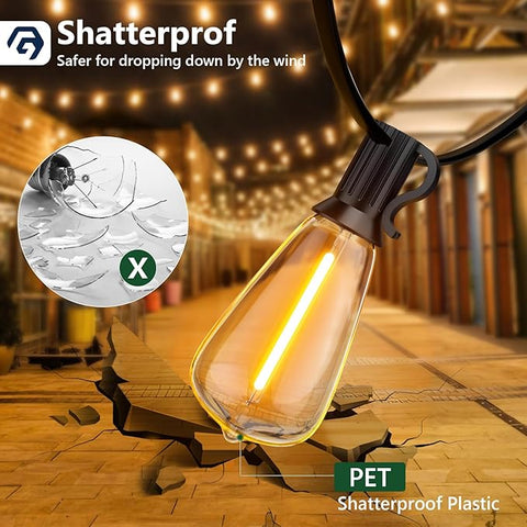 Outdoor Festoon String Lights – 15M with 50 ST64 LED Filament Bulbs – 40W, E12 Base – 3000K Warm White