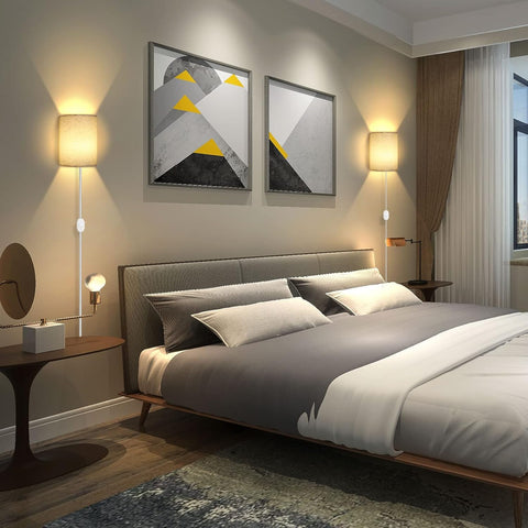 Plug In Dimmable Wall Lights with Switch Beige Fabric Shade