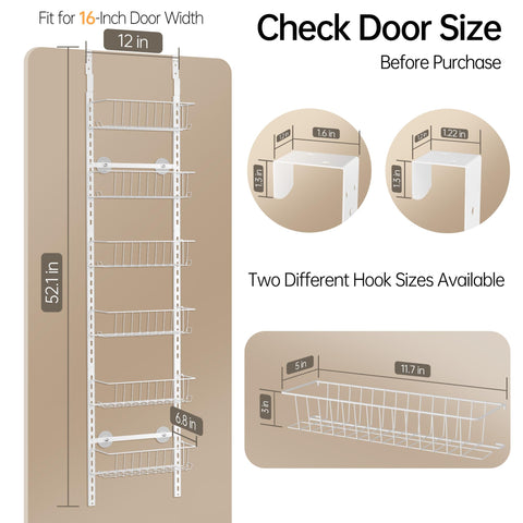 Delamu 8-Tier Over Door Storage Organiser, Adjustable Metal Pantry Shelves, Hanging Spice Rack for Kitchen, Bathroom & Laundry, White