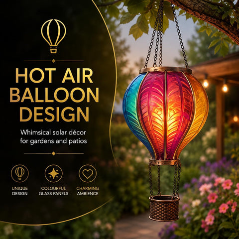 Festive Lights 45cm Solar Hot Air Balloon Lantern – Rainbow Multicolour Flame Effect Hanging Garden Light for Patio, Balcony & Outdoor Décor