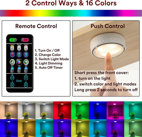 Under Cabinet LED Puck Lights Battery Powered Stick-On RGB Kitchen Closet Lighting with Remote 2 Pack