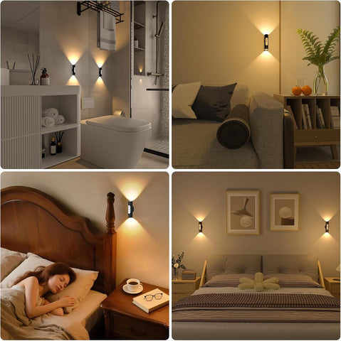Motion Sensor Wall Lights Indoor - Rechargeable Battery Operated Wall Sconces with Remote Control, Wireless LED Wall Lamp for Hallway, Stair, Bedroom, Living Room, Black Metal, 2 Pack